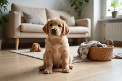 Chiot golden retriever de 8 semaines assis sur un parquet dans un salon français, prêt à être adopté gratuitement en Gironde