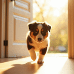Chiot Australian Shepherd entrant dans une maison lumineuse