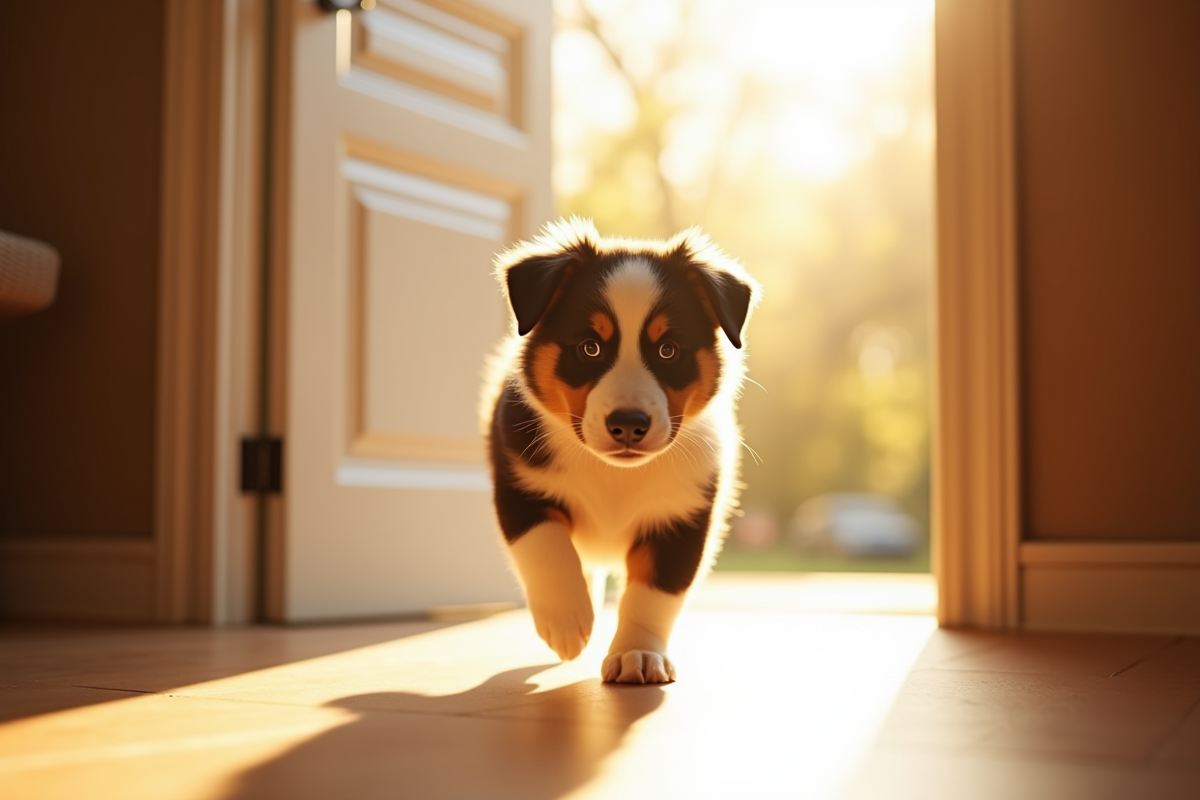 Chiot Australian Shepherd entrant dans une maison lumineuse