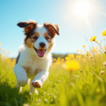 Chiot border collie courant dans un pré ensoleillé