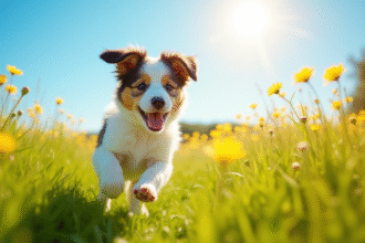 Chiot border collie courant dans un pré ensoleillé