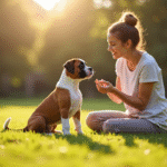 Chiot boxer joueur assis dans l'herbe avec une femme