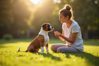 Chiot boxer joueur assis dans l'herbe avec une femme