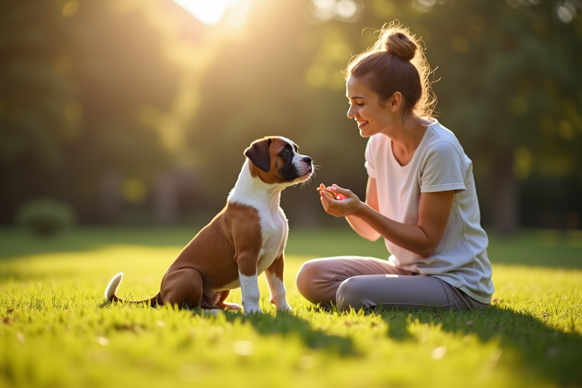 Chiot boxer joueur assis dans l'herbe avec une femme