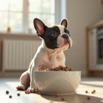 Chiot bulldog français regardant la gamelle de croquettes