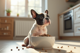 Chiot bulldog français regardant la gamelle de croquettes