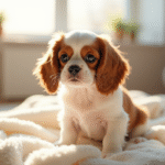 Jeune chiot cavalier king charles sur une couverture claire