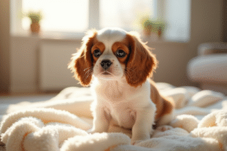 Jeune chiot cavalier king charles sur une couverture claire