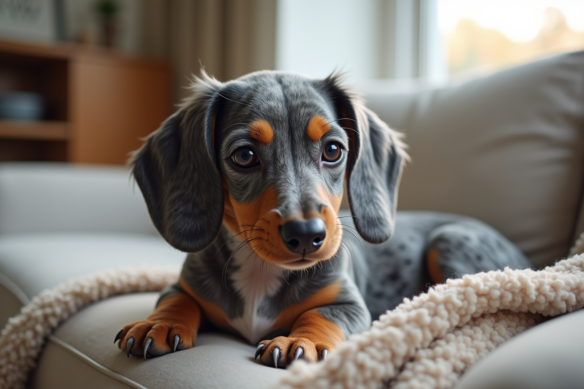 Chiot dachshund merle allongé sur un canapé intérieur lumineux