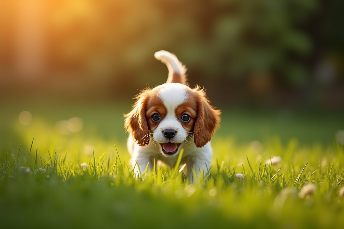Chiot cavalier king charles explorant un jardin ensoleille