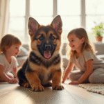 Chiot berger allemand jouant avec des enfants dans un salon lumineux