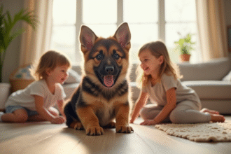 Chiot berger allemand jouant avec des enfants dans un salon lumineux