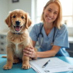 Chiot golden retriever avec une femme en clinique pour l'assurance