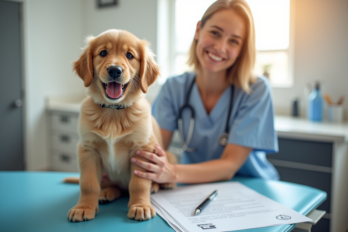 Chiot golden retriever avec une femme en clinique pour l'assurance