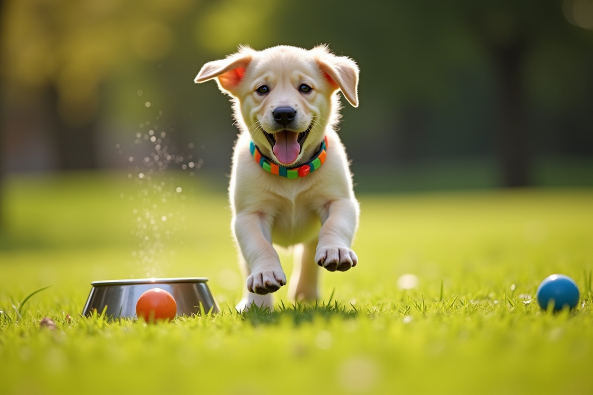 Chiot labrador courant dans un parc ensoleille