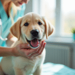 Chiot labrador chez le vétérinaire en examen doux