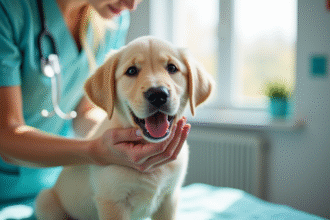 Chiot labrador chez le vétérinaire en examen doux