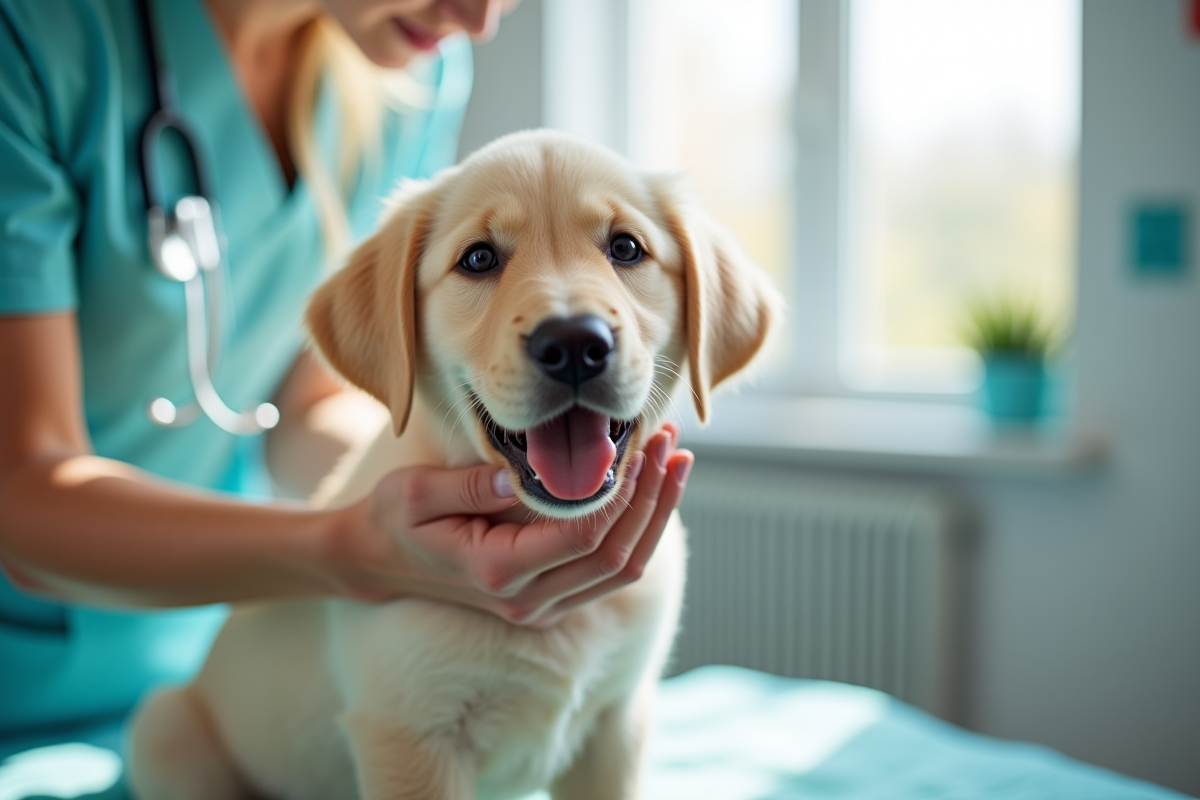 Chiot labrador chez le vétérinaire en examen doux