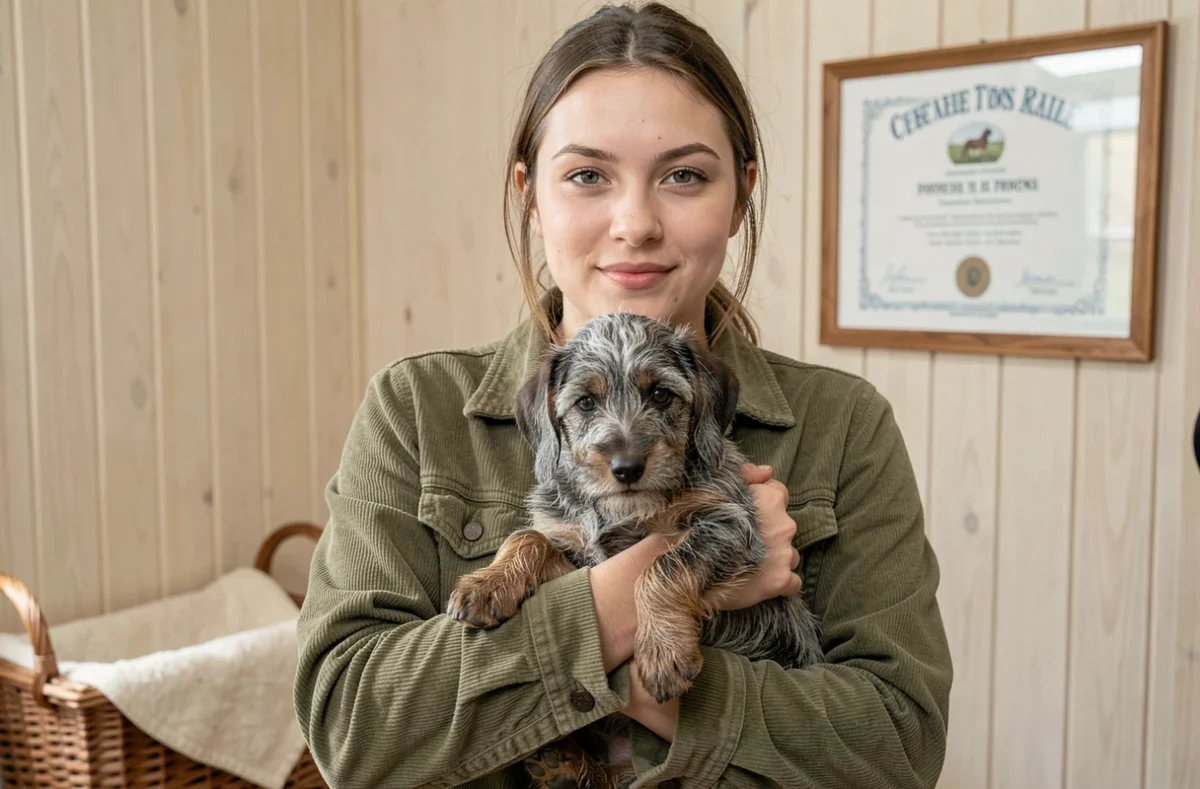 Jeune femme tenant un chiot teckel à poil dur LOF dans un élevage professionnel