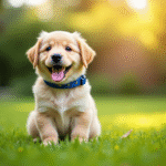 Un chiot mâle souriant avec collier bleu dans un jardin ensoleille
