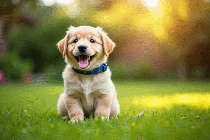 Un chiot mâle souriant avec collier bleu dans un jardin ensoleille