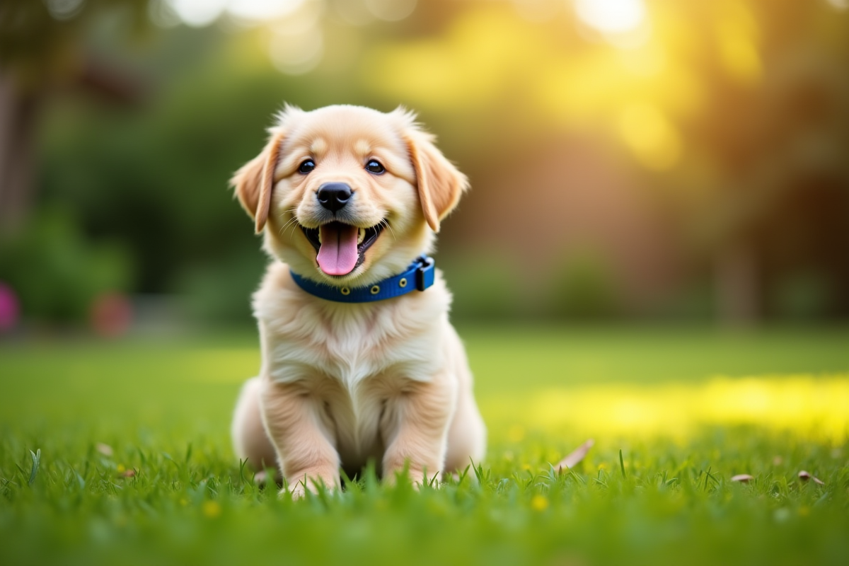 Un chiot mâle souriant avec collier bleu dans un jardin ensoleille