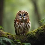 Chouette hulotte perchée sur une branche moussue en forêt, sans aigrettes, vue de face en portrait naturel