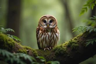 Chouette hulotte perchée sur une branche moussue en forêt, sans aigrettes, vue de face en portrait naturel
