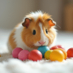 Cochon d'Inde jouant avec jouets colorés sur couverture blanche