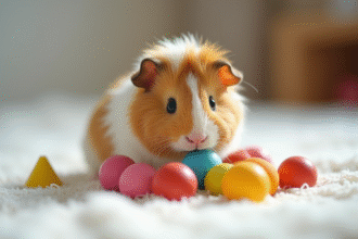 Cochon d'Inde jouant avec jouets colorés sur couverture blanche