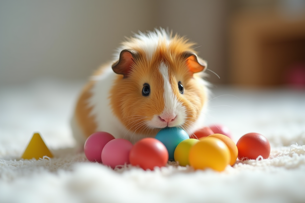 Cochon d'Inde jouant avec jouets colorés sur couverture blanche