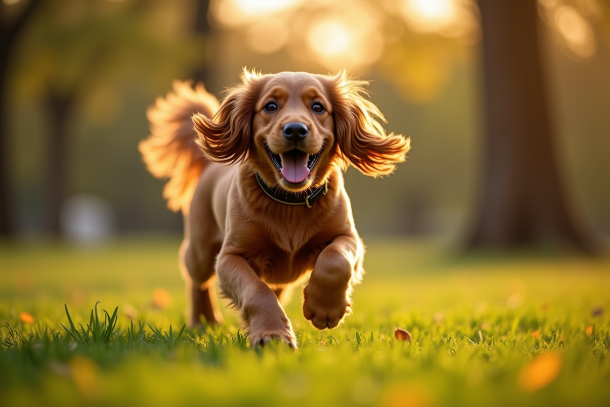 Cocker spaniel courant dans un parc en lumière dorée