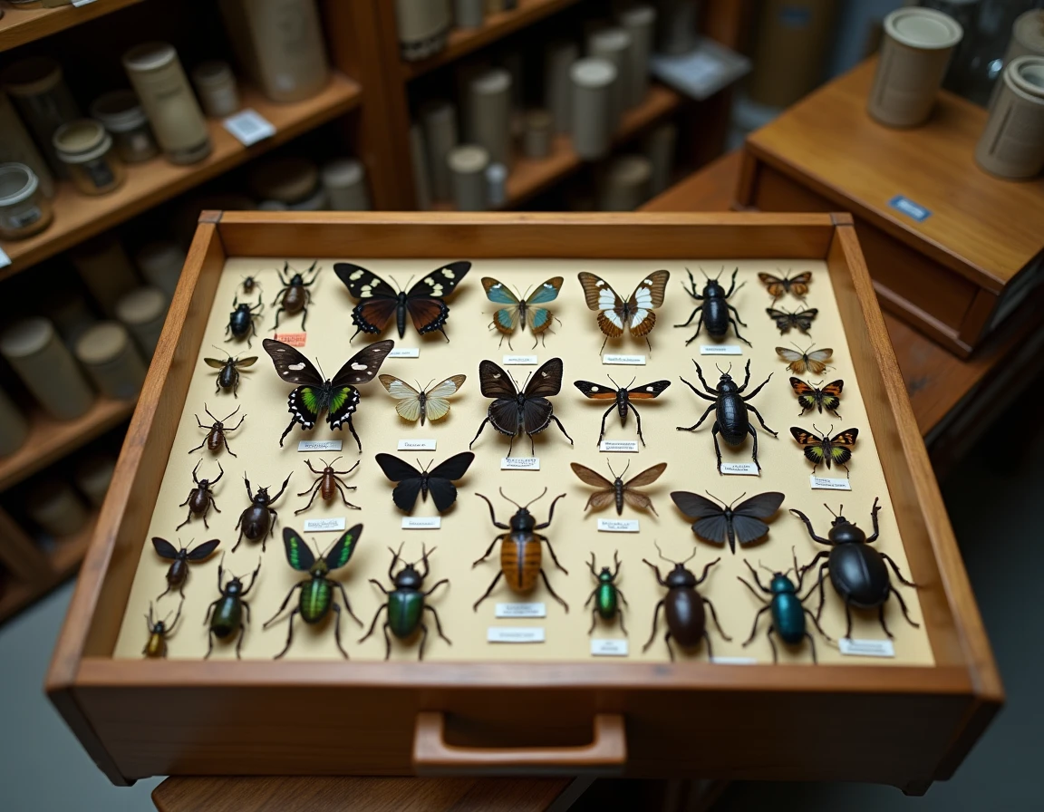 Collection entomologique de spécimens d'insectes épinglés dans un tiroir de musée d'histoire naturelle, illustrant la diversité des espèces