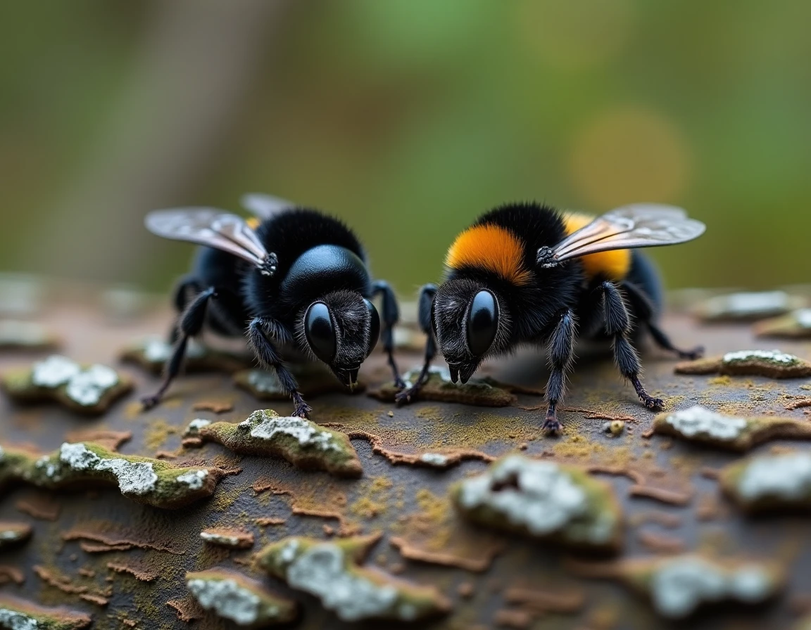 Comparaison entre une abeille charpentière noire et un bourdon sur écorce d'arbre