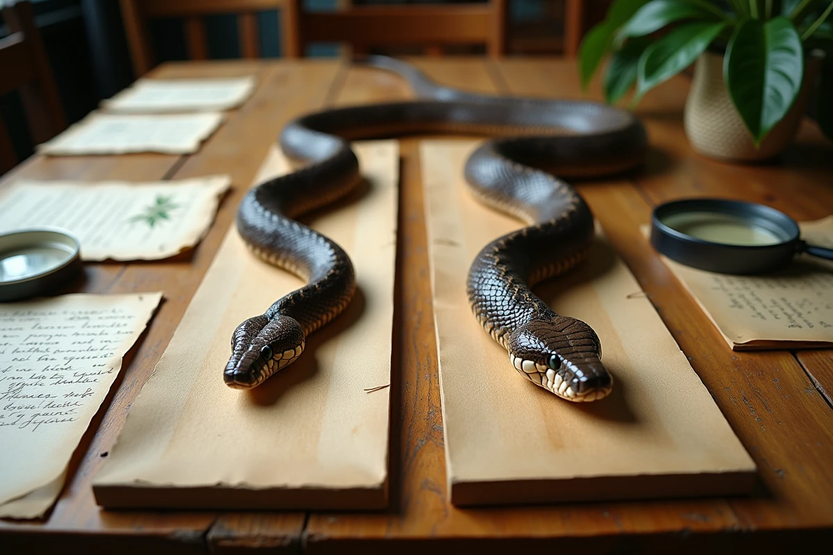 Comparaison naturaliste de spécimens de couleuvre et de vipère sur une table en bois avec notes de terrain, illustrant les différences morphologiques pour identifier les serpents