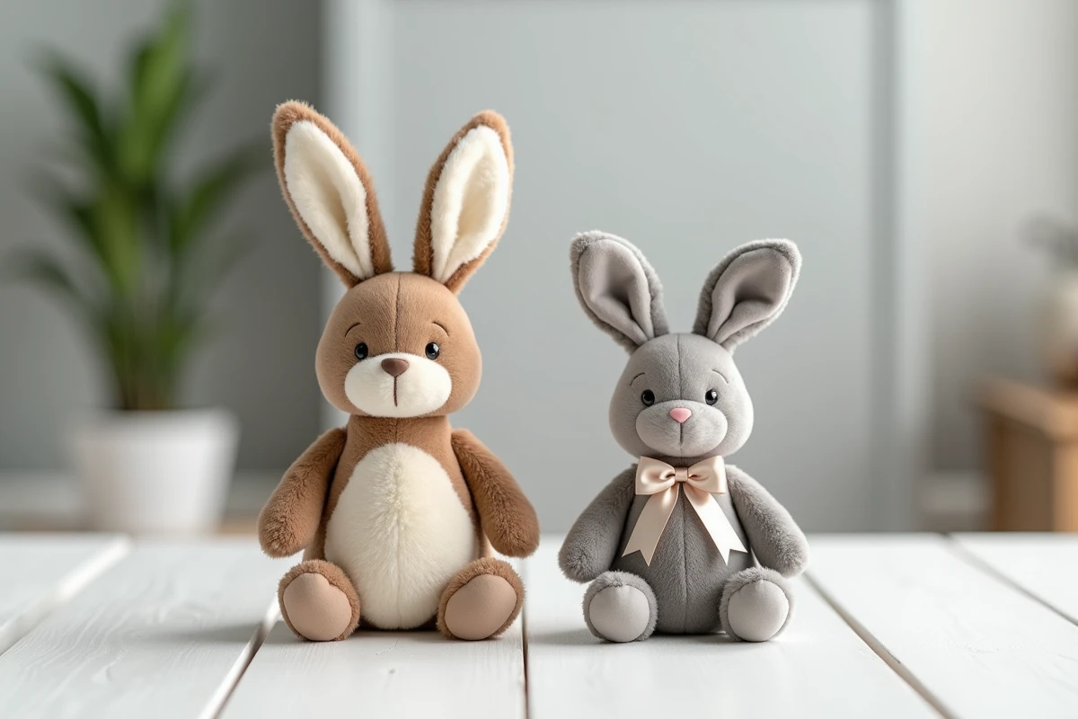 Comparaison côte à côte de deux peluches lapin Petsboro et Fanyil sur une table en bois blanc