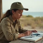 Chercheuse en conservation tenant un guide sur l'animal le plus rare du monde, la Vaquita, près d'une station de recherche côtière au Mexique