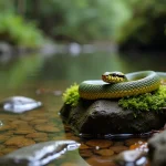 Couleuvre à collier non venimeuse reposant sur un rocher moussu au bord d'un ruisseau en France, montrant son collier jaune caractéristique et sa tête arrondie