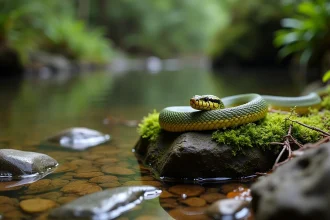 Couleuvre à collier non venimeuse reposant sur un rocher moussu au bord d'un ruisseau en France, montrant son collier jaune caractéristique et sa tête arrondie