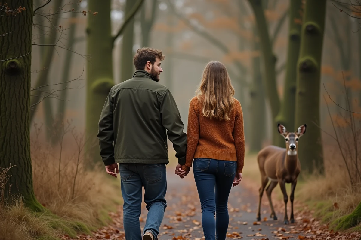 Couple se promenant en forêt avec un cerf visible en arrière-plan, illustrant le lien symbolique entre le cerf, l'amour et les relations amoureuses