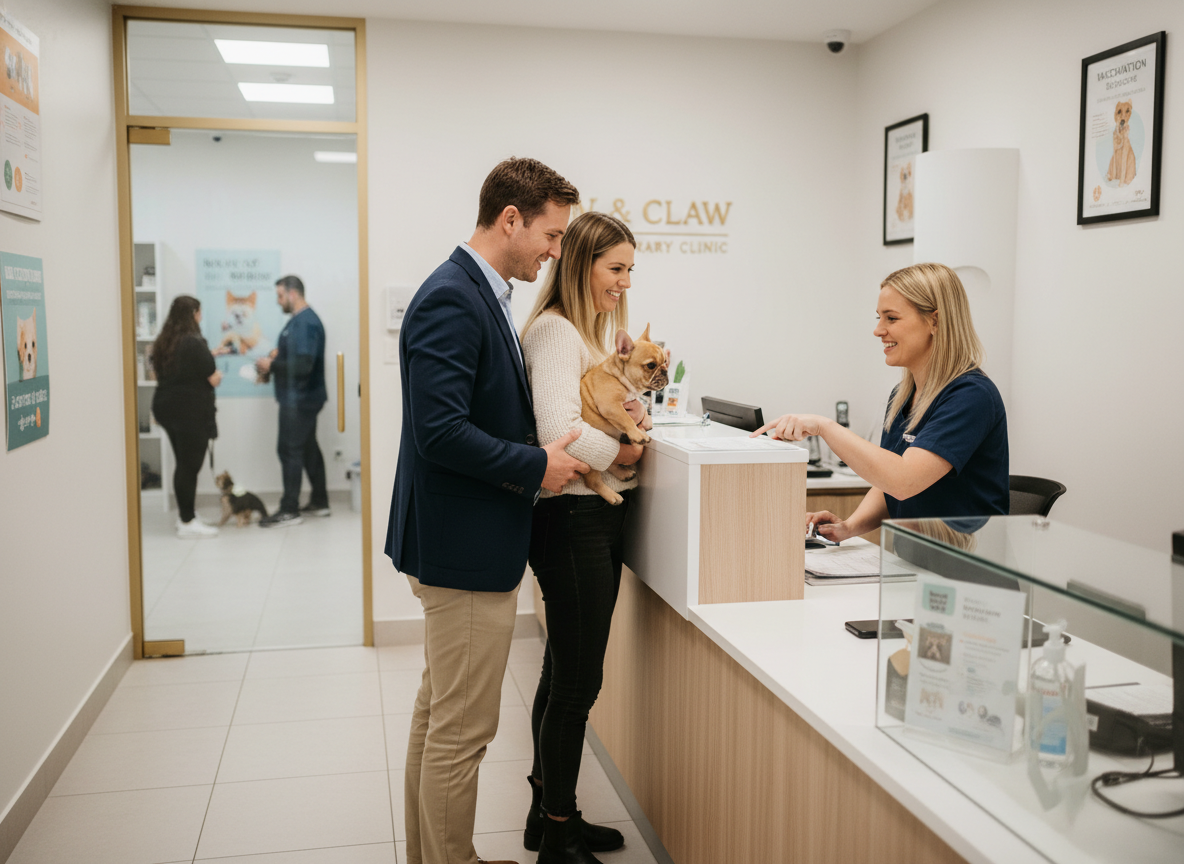 Jeune couple avec un chiot dans une clinique vétérinaire