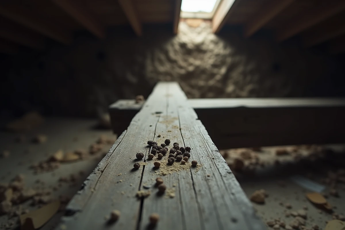 Crottes de fouine sur une poutre en bois dans un grenier, identification des déjections de martre en milieu domestique