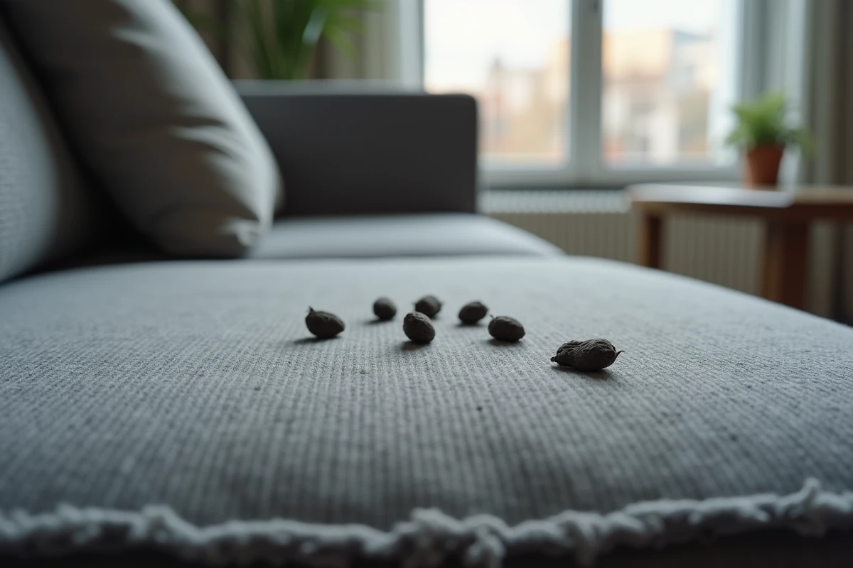 Crottes de rat sur un canapé en tissu gris dans un salon, risques sanitaires liés aux rongeurs