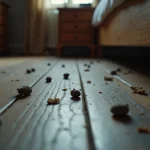 Crottes de rat sur un parquet en bois près d'un lit, signes d'infestation de rongeurs dans une chambre