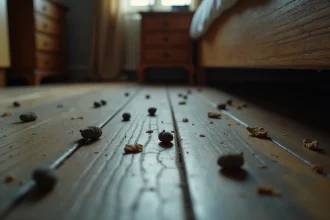 Crottes de rat sur un parquet en bois près d'un lit, signes d'infestation de rongeurs dans une chambre