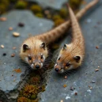 Comparaison de crottes de renard et de fouine posées sur une pierre, identification visuelle des fèces de mammifères sauvages