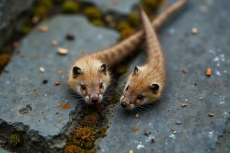 Comparaison de crottes de renard et de fouine posées sur une pierre, identification visuelle des fèces de mammifères sauvages