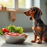 Teckel miniature tacheté assis dans la cuisine avec bol de légumes