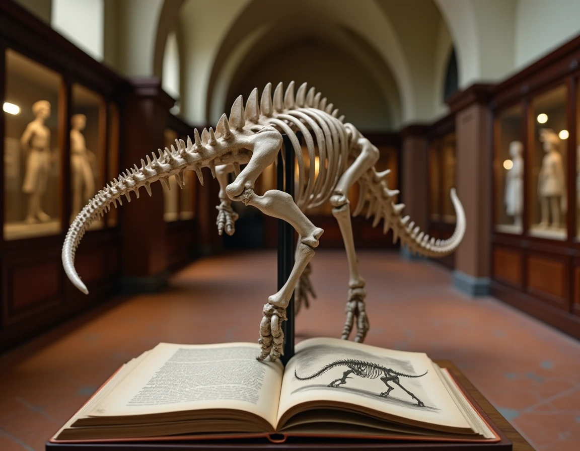 Squelette de Diplodocus avec la queue relevée dans un musée, à côté d'un livre pour enfants montrant l'erreur classique de la queue traînante au sol