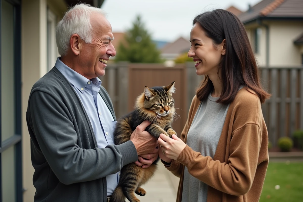 Homme âgé remettant un chat à une jeune femme dans un jardin